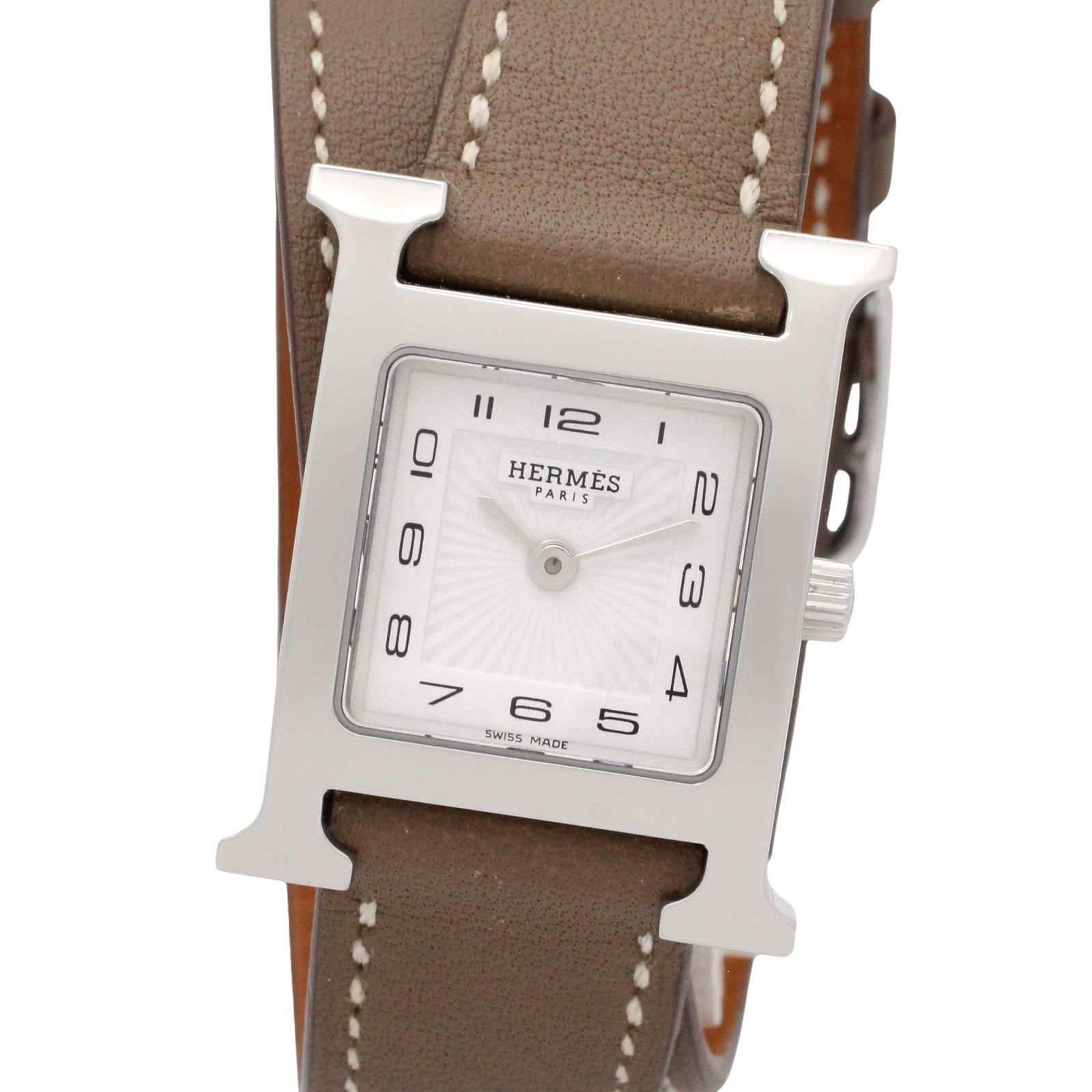 エルメス HERMES 腕時計 Hウォッチ ドゥブルトゥール HH1.210 ホワイト ステンレススチール レザーベルト Hウォッチ ドゥブルトゥール レディース Used A