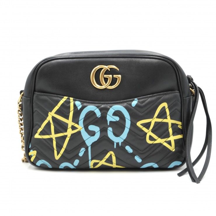 GUCCI（グッチ）GGマーモント ゴースト ショルダーバッグ チェーンショルダーバッグ ブラック レザー グラフィティプリント ゴールド金具 レディース 448065【中古】
