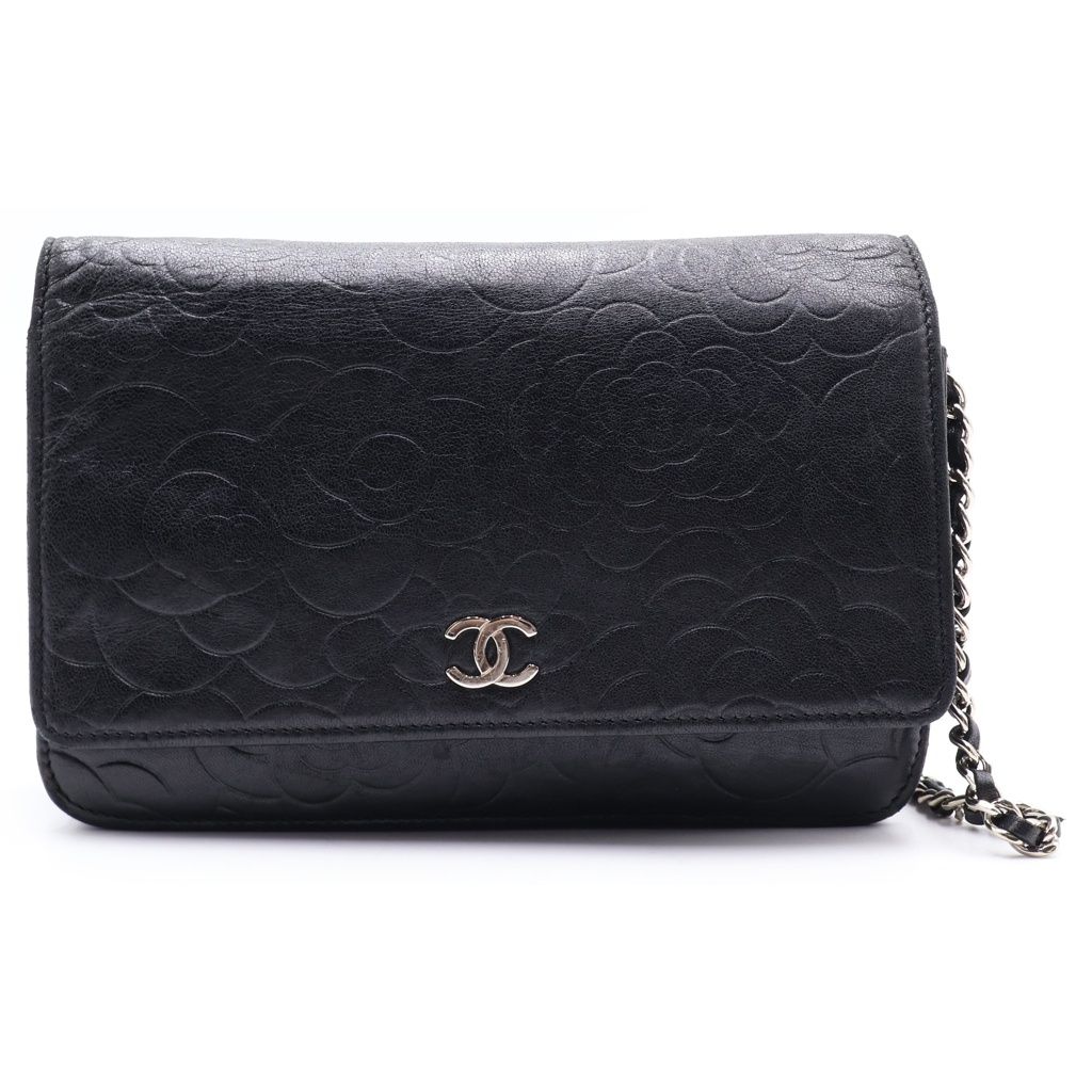 CHANEL (シャネル) ココマーク カメリア ラムスキン シルバー金具 チェーンウォレット チェーンショルダーバッグ ブラック