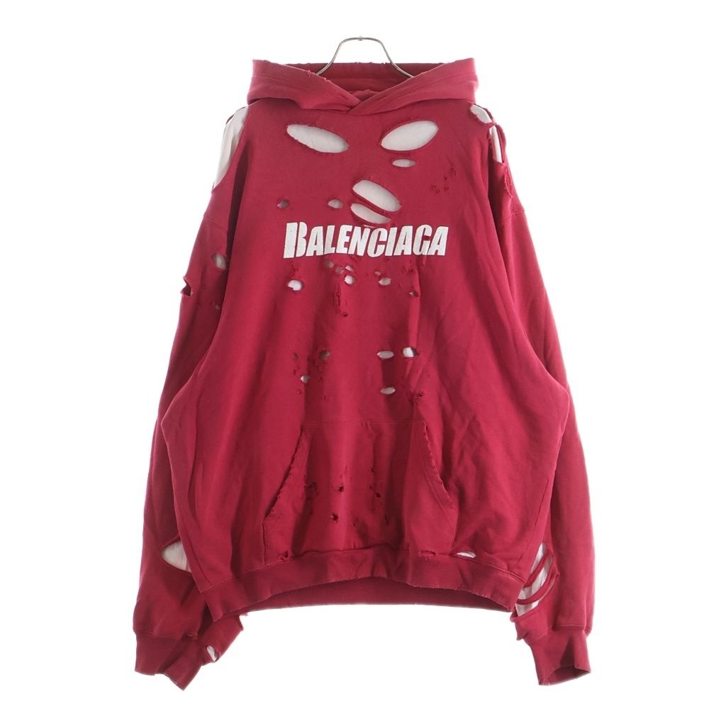 BALENCIAGA バレンシアガ 20SS DESTROYED HOODI 659403 デストロイ加工 オーバーサイズ フロントロゴプリント プルオーバー長袖パーカー フーディー レッド BALENCIAGA (バレンシアガ) 20SS DESTROYED HOODI 659403 デストロイ