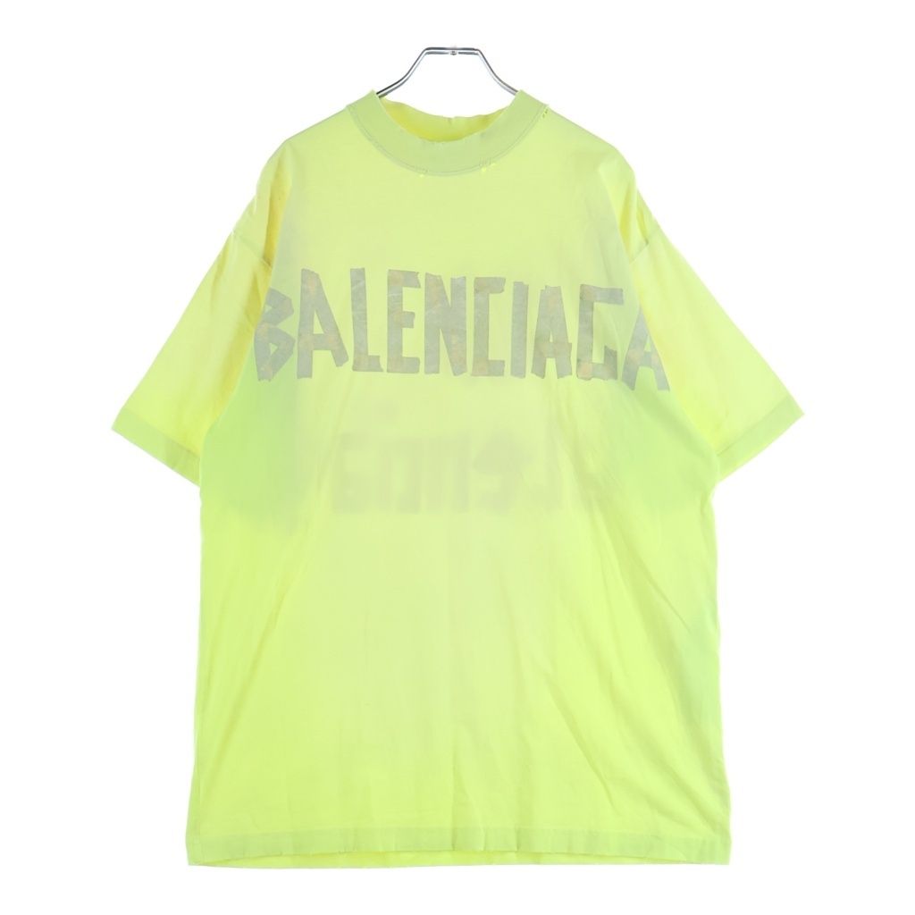 BALENCIAGA (バレンシアガ) デストロイ加工 テープロゴ クルーネック半袖Tシャツ カットソー イエロー 739784 T0VA9