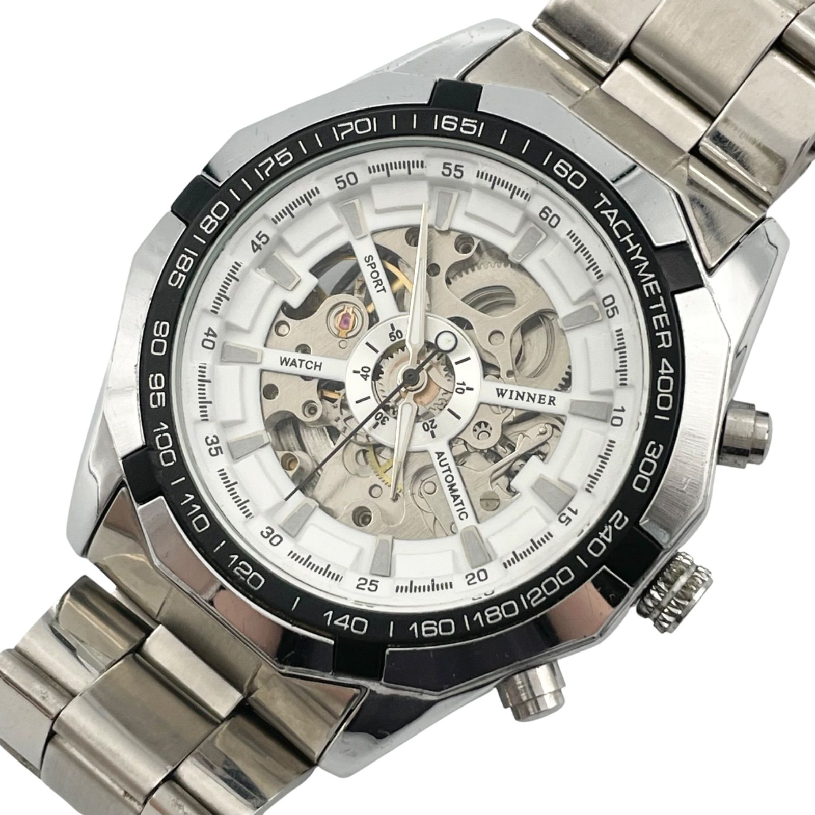 Operation WINNER WINNER Watch, Automatic, Manual Winder, Mechanical Skeleton, Back Case, TM340, Tachymeter, Octagon, White Dial, Silver Metal Band, Men's [p2]
