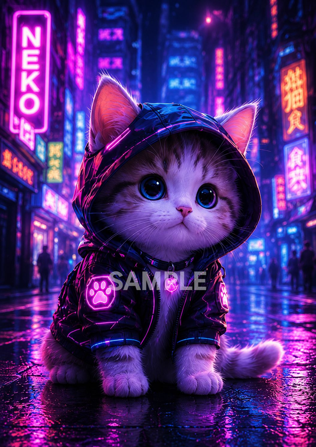 758 サイバーパンク 猫アート 2Lサイズ デジタルイラスト ネオン 猫