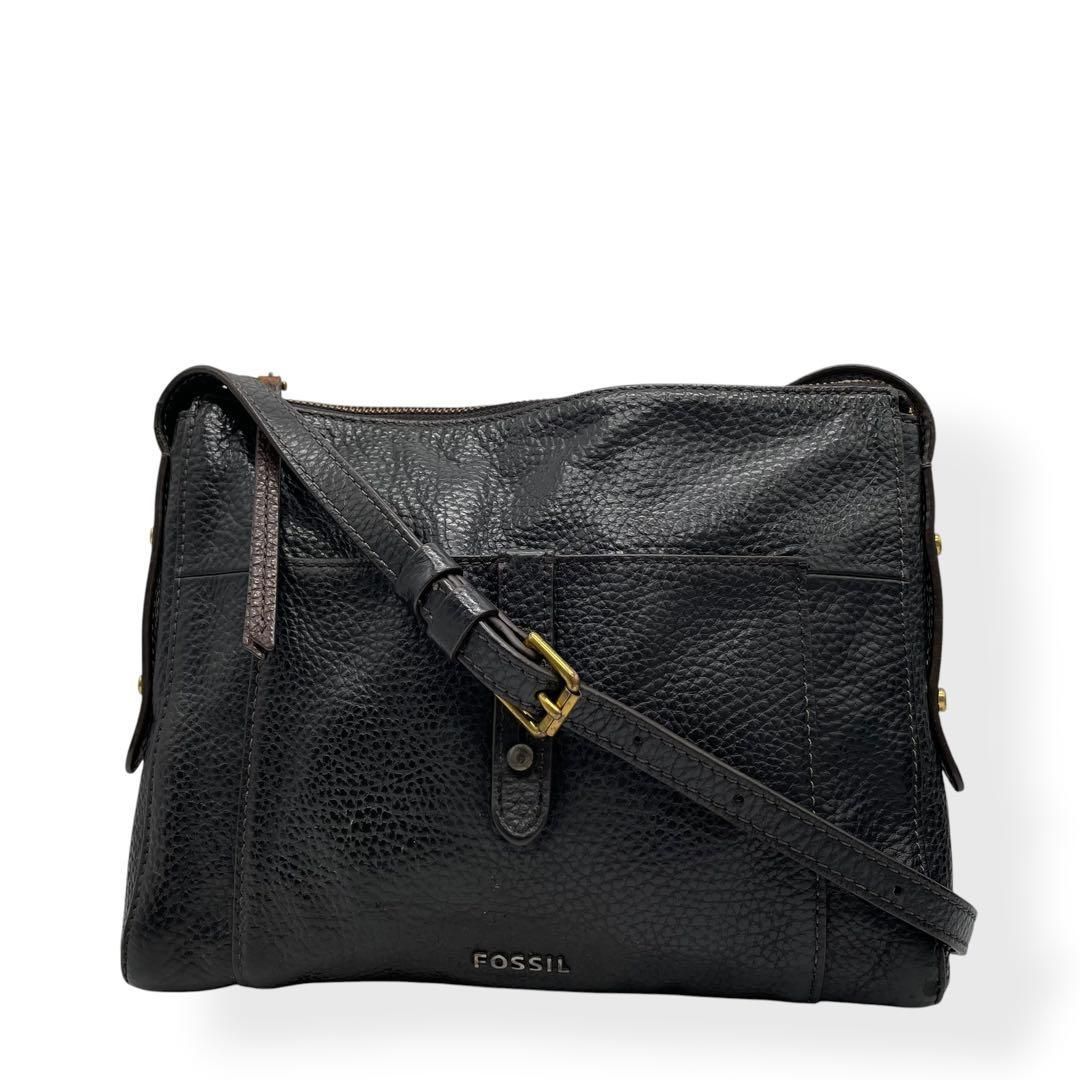 美品　FOSSIL フォッシル　ショルダーバッグ　ブラック　レザー　シボ革