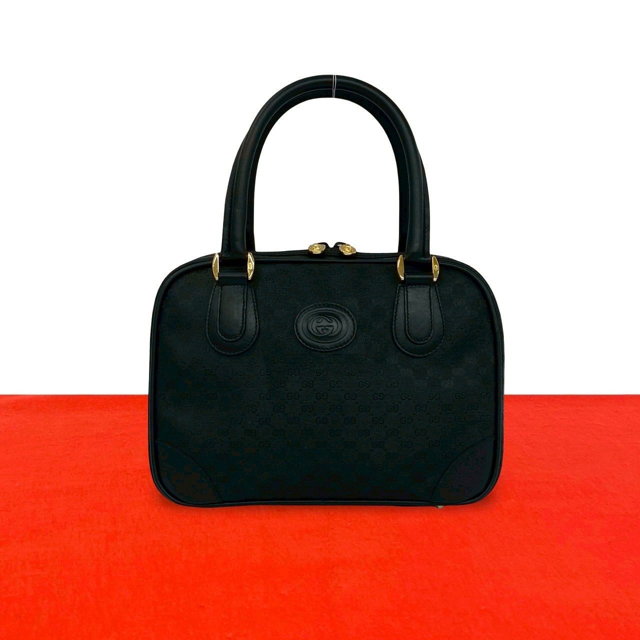GUCCI ミニボストンバッグ GGキャンバス ロゴ型押し レザー ブラック