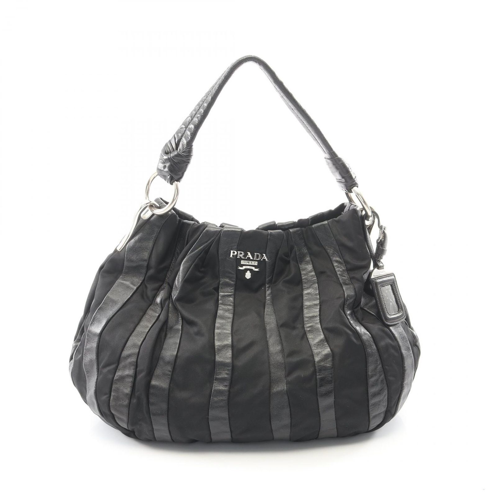 プラダ PRADA ハンドバッグ ストライプ ブラック ナイロン レザー クリムソン ストライプ ハンドバッグ レディース Used B