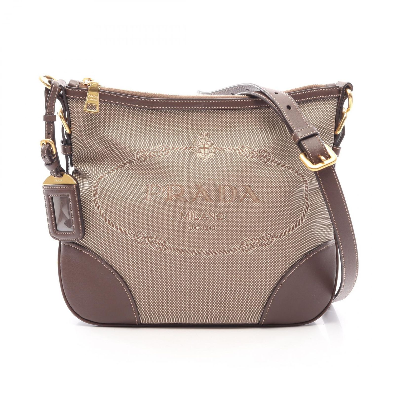 プラダ PRADA ショルダーバッグ ロゴジャガード ベージュ/ブラウン キャンバス レザー ロゴジャガード ショルダーバッグ レディース Used A