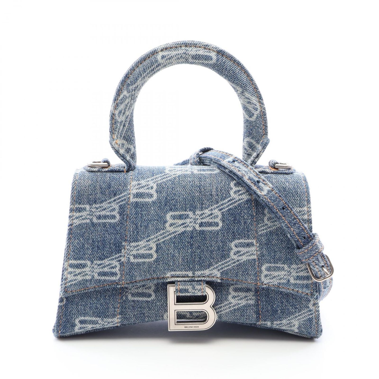 バレンシアガ BALENCIAGA ハンドバッグ HOURGLASS XS BBモノグラム 2WAY デニムブルー/アイボリー デニム アワーグラス XS レディース Used A