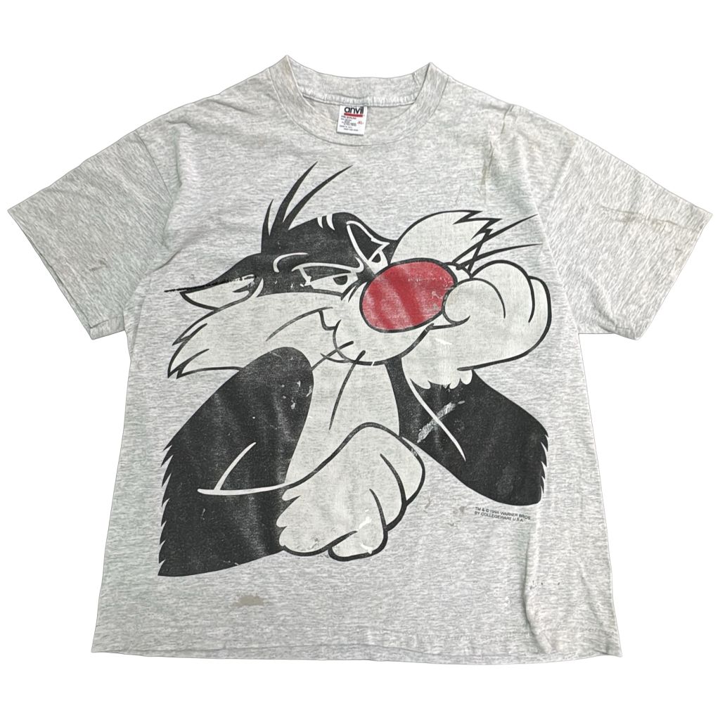 90年代 USA製 シルベスター・キャット 半袖Ｔシャツ キャラクター グレー(メンズ XL)中古 古着 Y6152