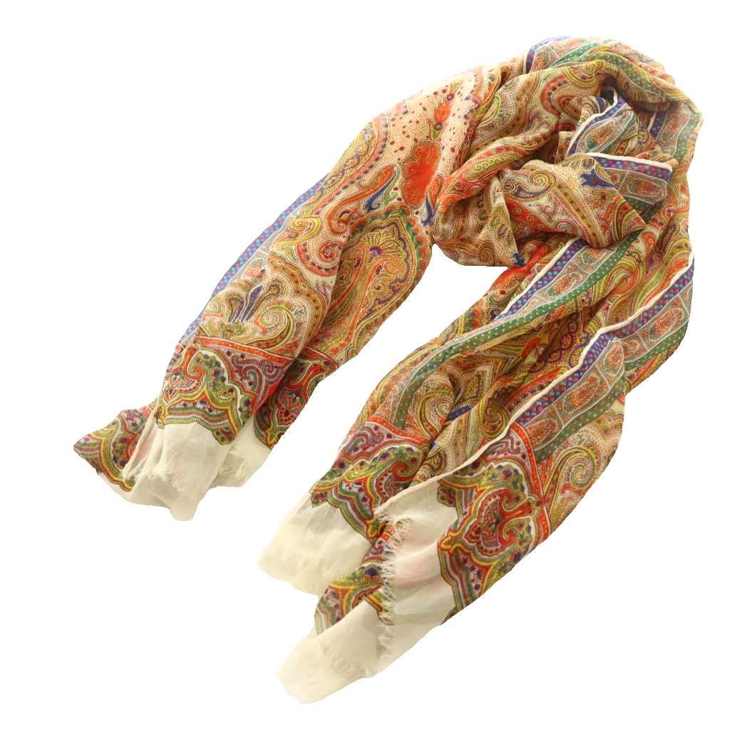 エトロ ETRO シフォンシルクスカーフ ストール マフラー ペイズリー柄 総柄 シルク マルチカラー オレンジ 黄色 イエロー /SS ■OS ■GY62