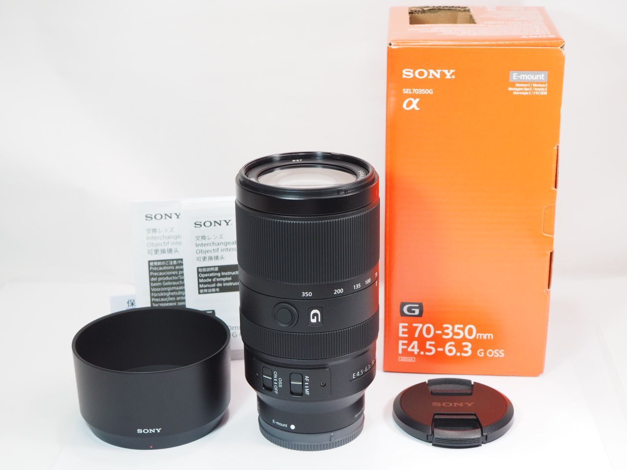 送料無料【 極美品 使用感ない 】SONY E 70-350mmF4.5-6.3G OSS SEL70350G 純正フード 付属元箱付き 【 カメラの多成堂 】レンズ ソニー [管SO9486]