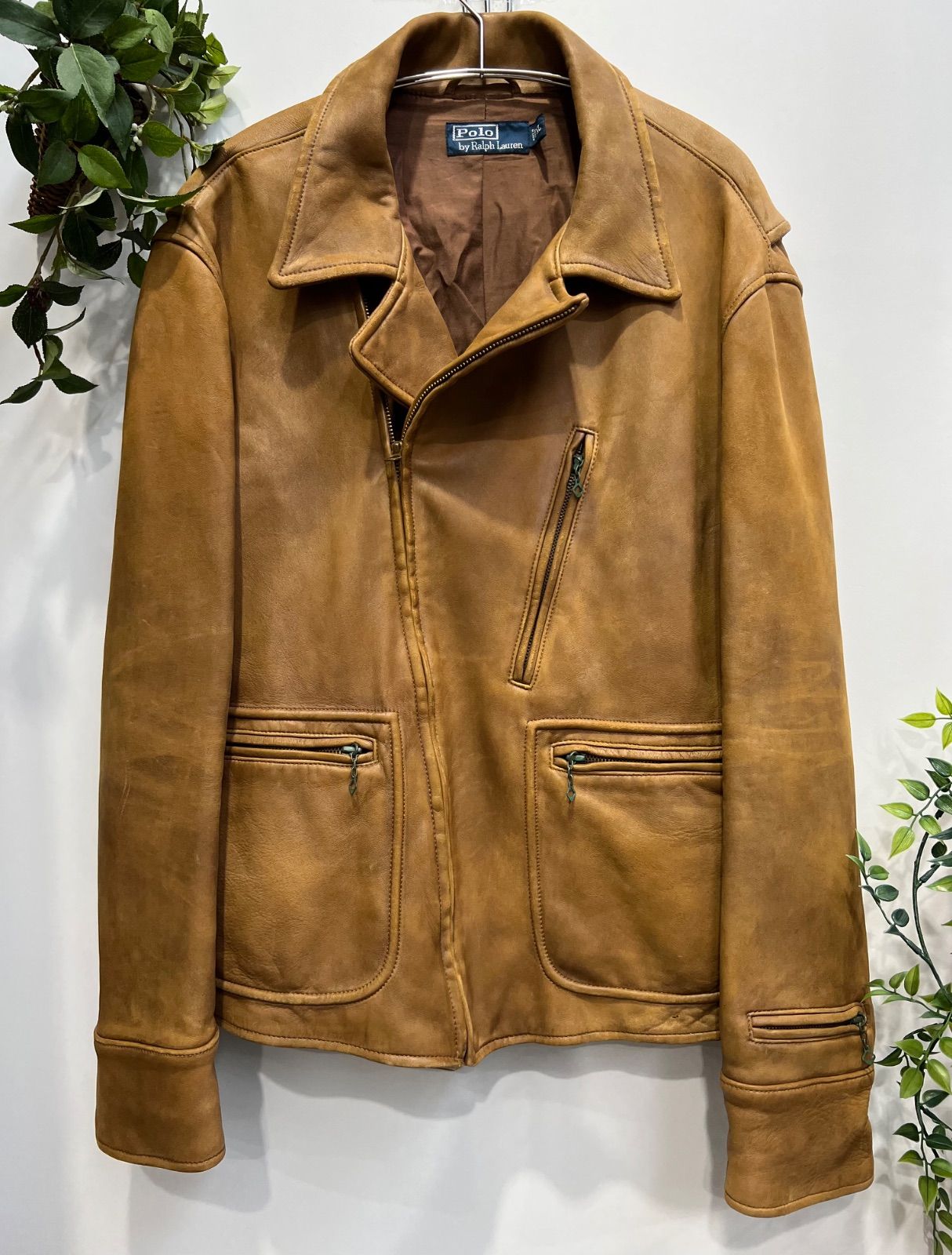 Polo Ralph Lauren 90's シープスキン　羊革　ダブルライダースジャケット MNBLOTWM5L00096 特製大型紋章タグ ブラウン XL