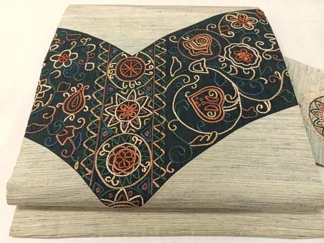 平和屋着物●中国三大刺繍　相良刺繍　総刺繍　九寸名古屋帯　紬地　切嵌　更紗唐草文　正絹　逸品　CABK4449vp