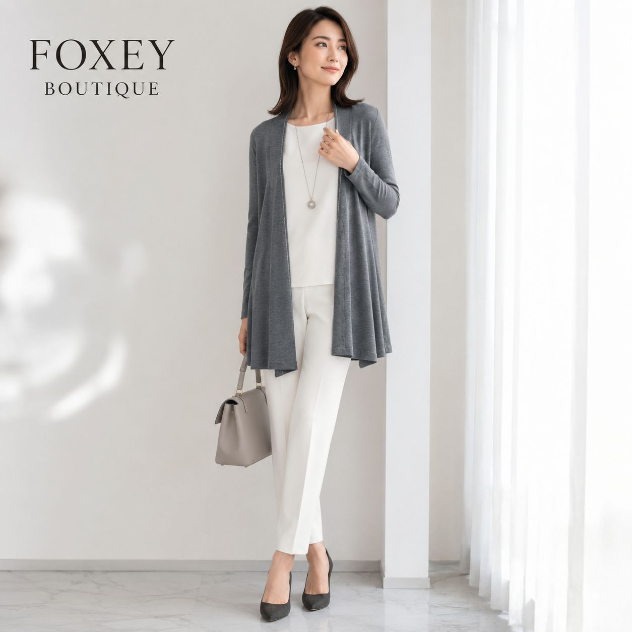 【参考価格90,720円 / ウール100％ 】FOXEY / フォクシー ロングカーディガン 40 ミディアムグレー シルバーボールチェーントリミング【クリーニング済】通勤・学校行事・ホテルランチ・お食事会・旅行・デイリー 18,834円