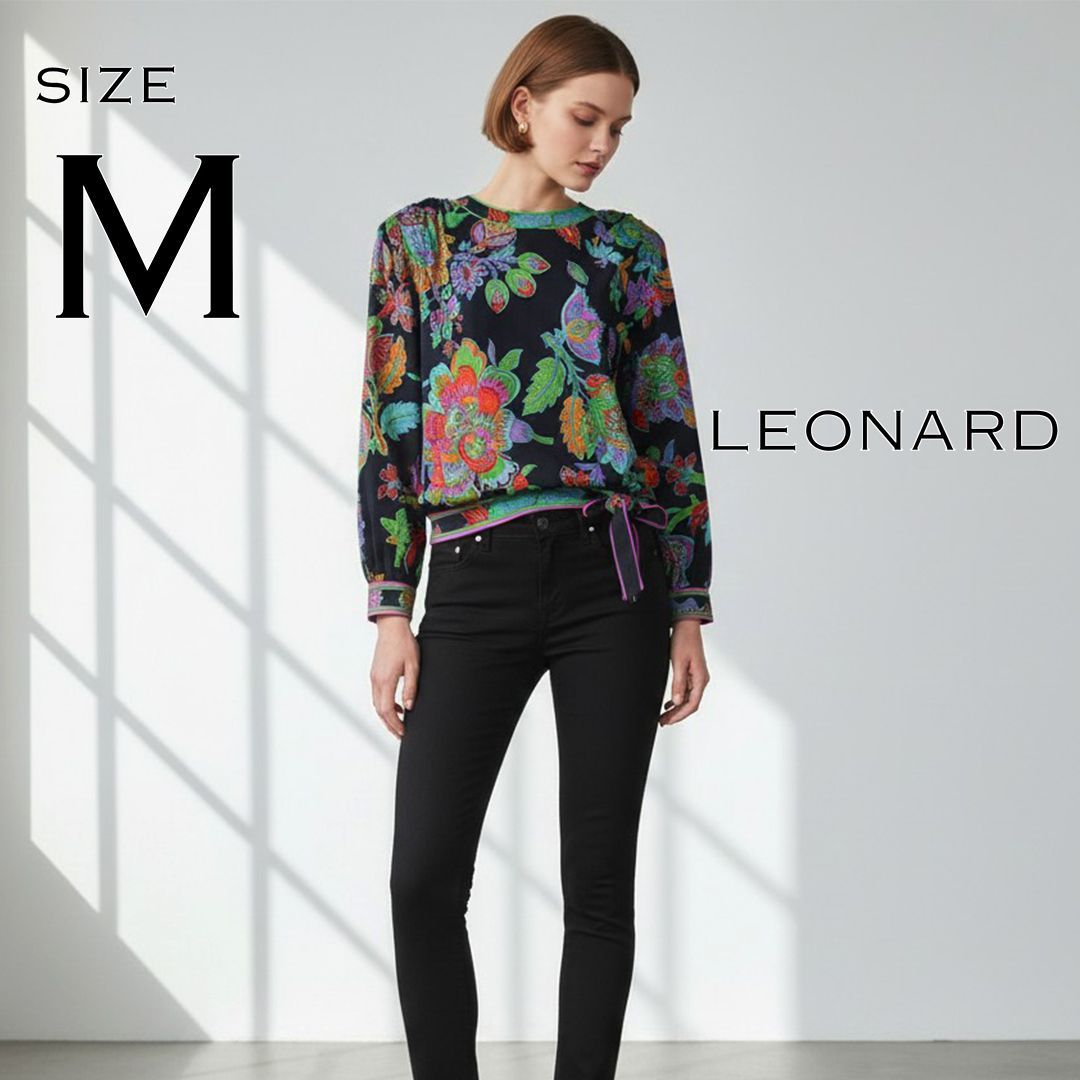 【最高級・特価】LEONARDレオナール 日本製 ウールシルク 裾リボン 長袖カットソー 花柄 フラワープリント M 黒ブラック 【古着】【中古】【送料無料】