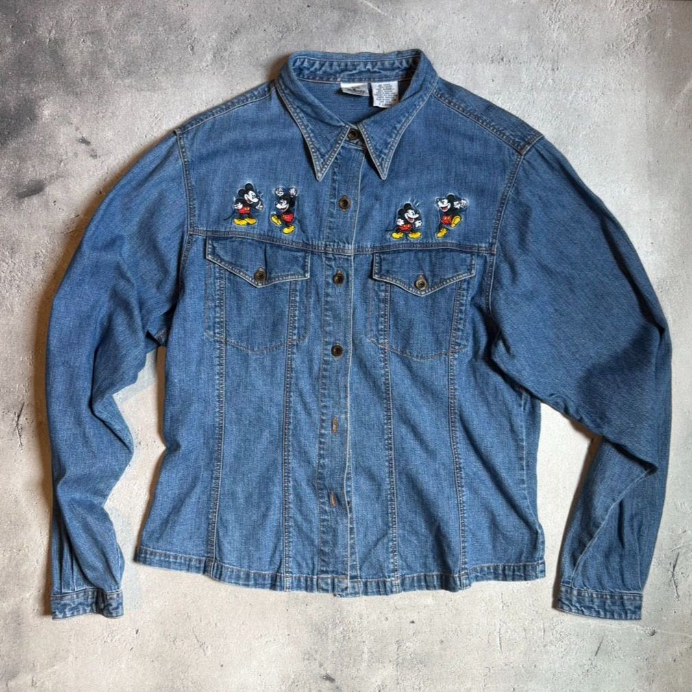 90s ディズニーストア ミッキー 刺繍 デニムシャツ ジャケット XL