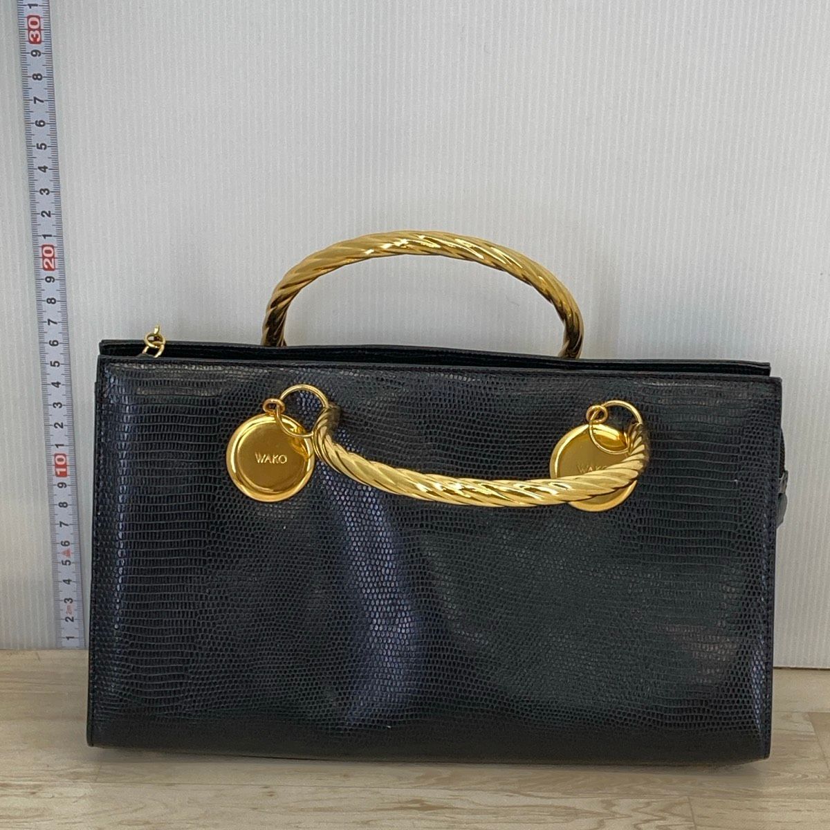 美品 WAKO/銀座和光 ハンドバッグ リザード型押し ブラック/黒