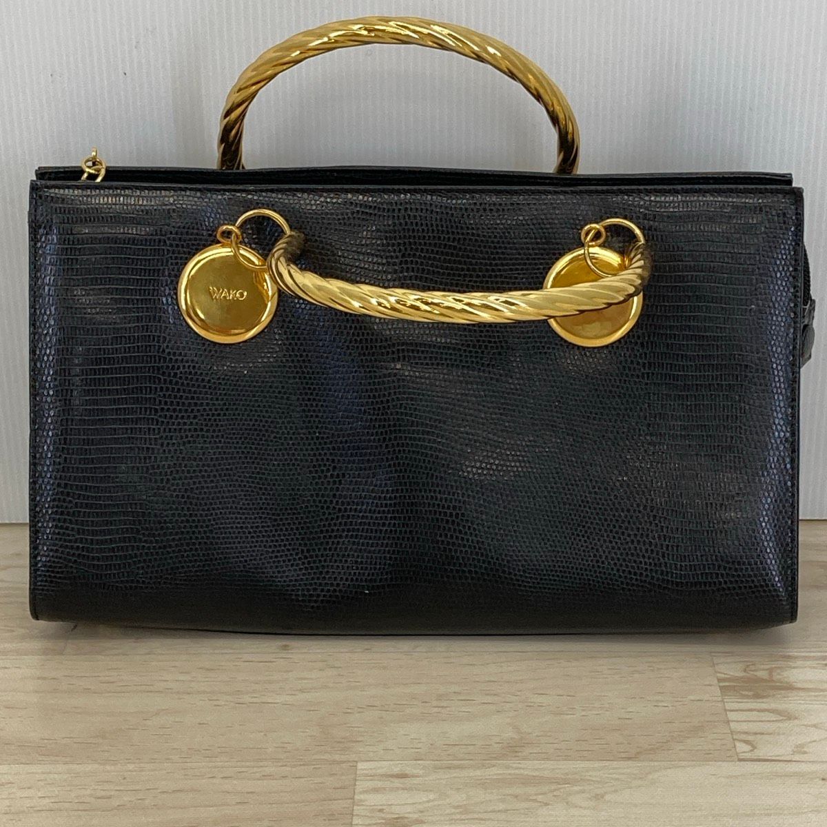 美品 WAKO/銀座和光 ハンドバッグ リザード型押し ブラック/黒