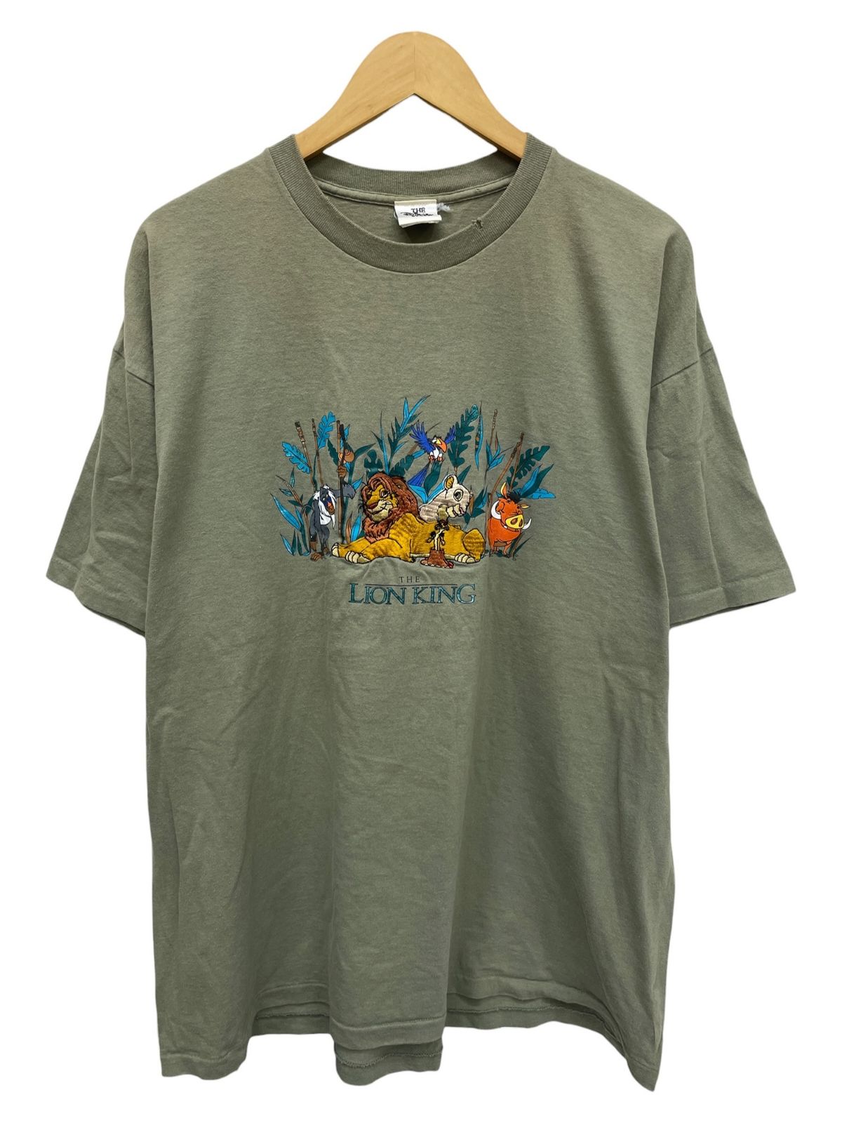 Disney (ディズニー) THE LION KING ライオンキング 刺繍 プリントキャラクターTシャツ USA製 90S 古着 ビンテージ XL オリーブ系 メンズ/045