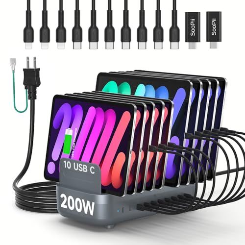 首佩200W USB-C充電ステーション?、10ポートPD急速充電器（最大20W/ポート）、10本の短いケーブル付き、スマホ・タブレットなど電子機器の充電をまとめて整理（グレー）送料無料 c67311a5