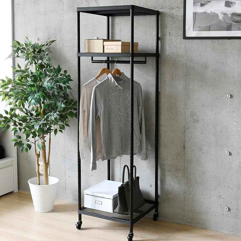 山善(YAMAZEN) ハンガーラック (スリム) 頑丈 幅50.5×奥行50.5×高さ182cm 【全体耐荷重60㎏】 服・カバン・小物がこれ1つで収納できる 棚板可動 組立品 ブラック VNW-18050CJ(BK) 0