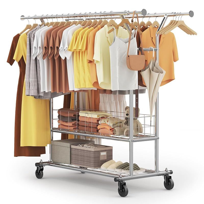HOKEEPER ハンガーラック パイプハンガーラック 耐荷重200KG 業務用 大容量 物干し スタンド 洋服ハンガー 衣類収納 棚付き 縦横伸縮 高さ調節可能 1段/2段 0