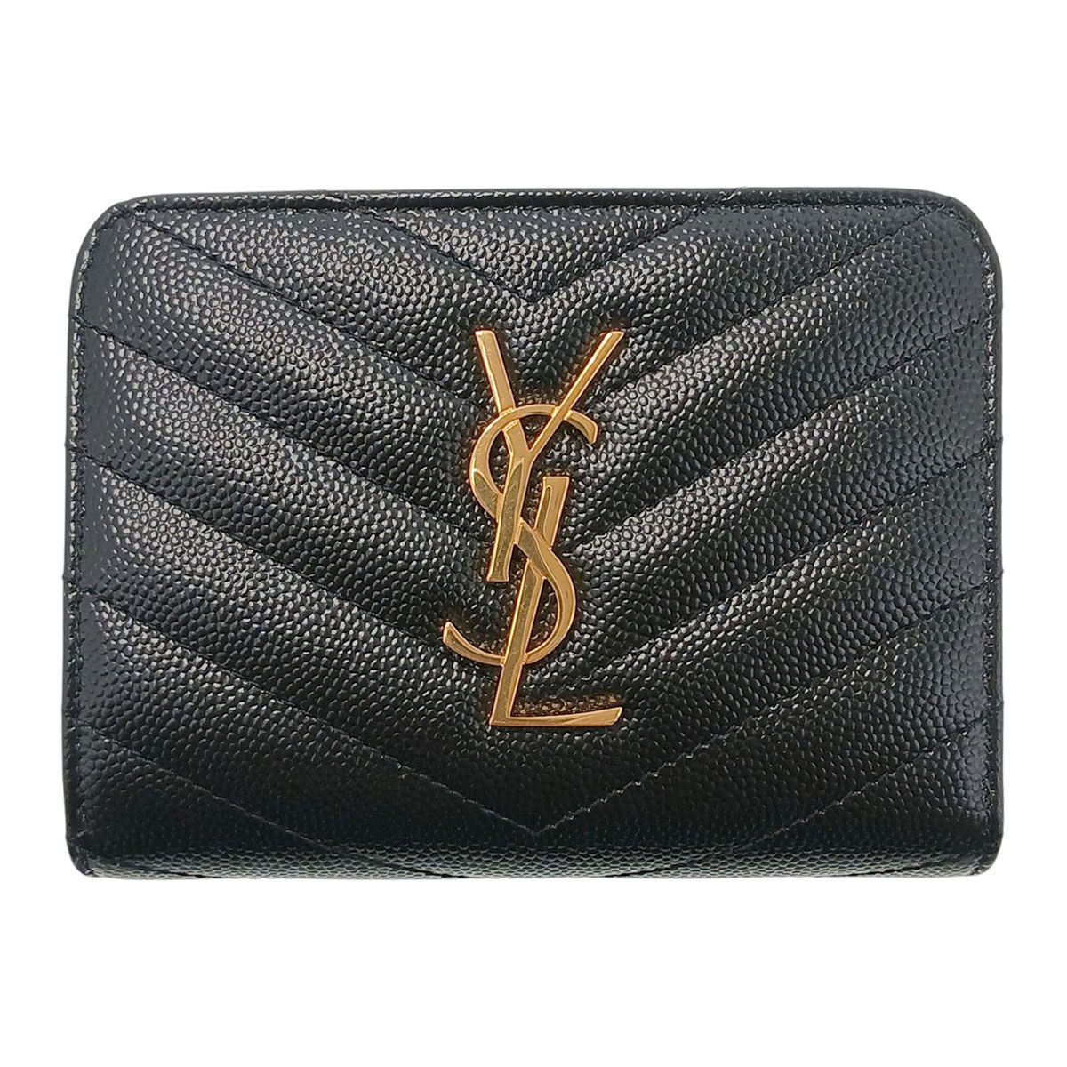 SAINT LAURENT サンローラン Vステッチ カサンドラ モノグラム コンパクトウォレット 二つ折り財布 403723 レディース レザー ブラック ゴールド金具 中古 53,880円