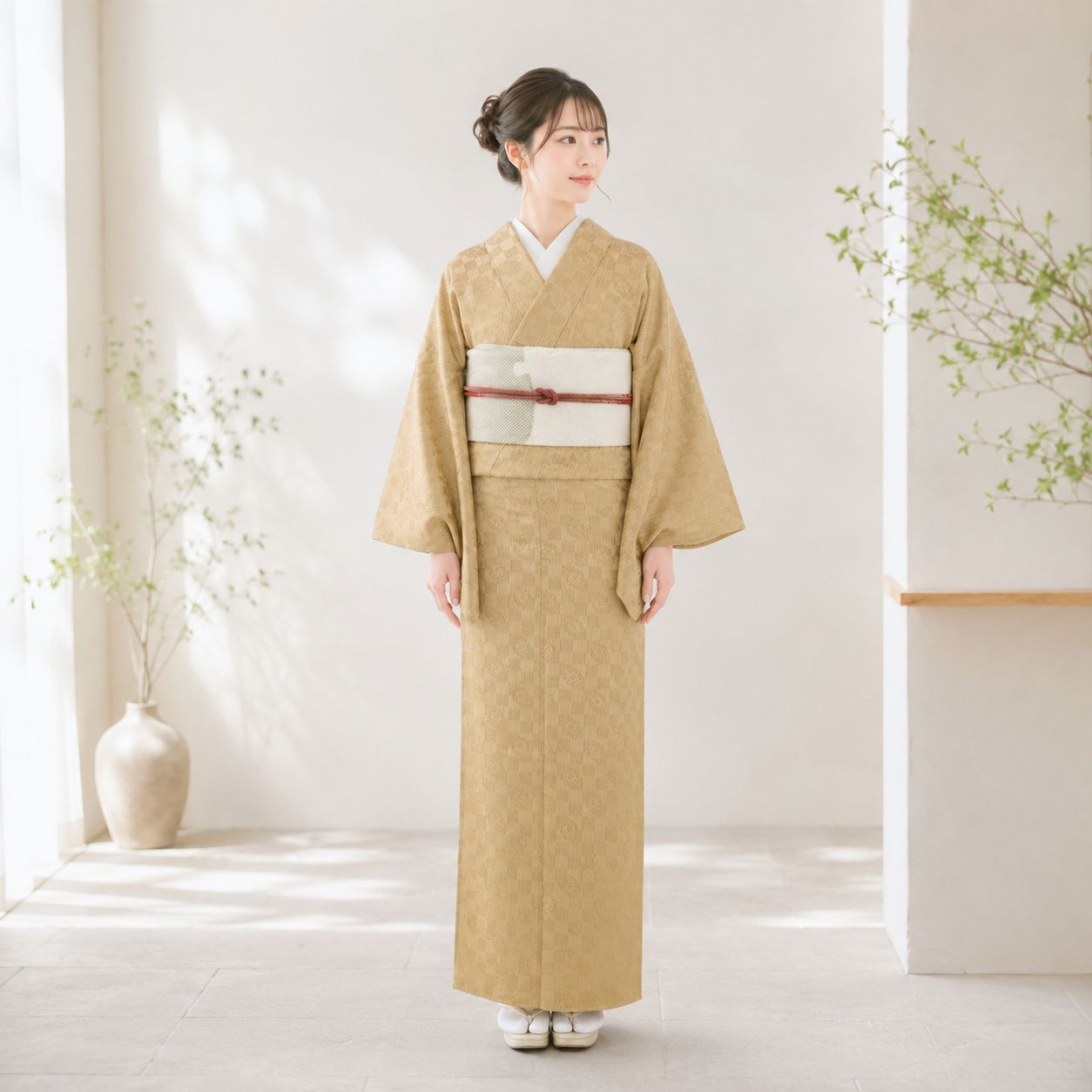 長尺 単衣 お召 縞織り 市松に唐草の丸地紋 黄橡色 正絹着物 R8K0528 
