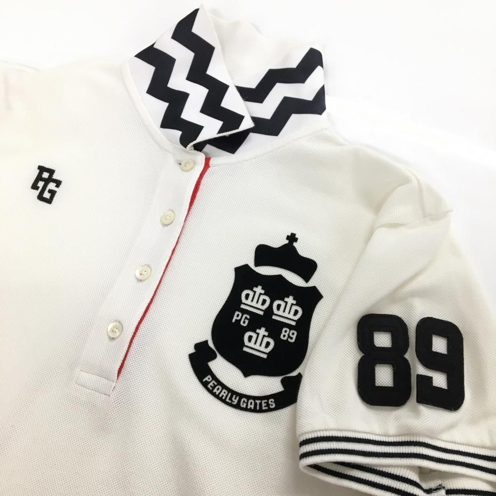 パーリーゲイツ 半袖ポロシャツ 白×黒 襟裏ジグザグボーダー レディース 2(L) ゴルフウェア PEARLY GATES パーリーゲイツ 半袖ポロシャツ PEARLY GATES（パーリーゲイツ） 襟裏ジグザグ 襟裏・袖口