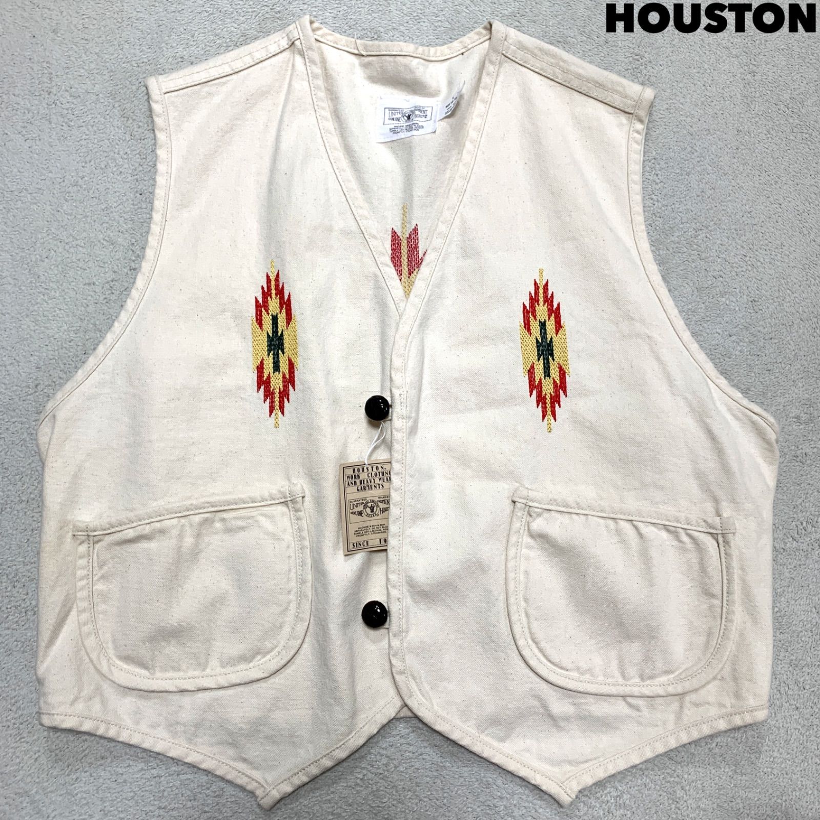 HOUSTON チマヨベスト ワークベスト 刺繍 オルテガ ネイティブ パッチポケット くるみボタン Lサイズ ホワイト 白 ヒューストン