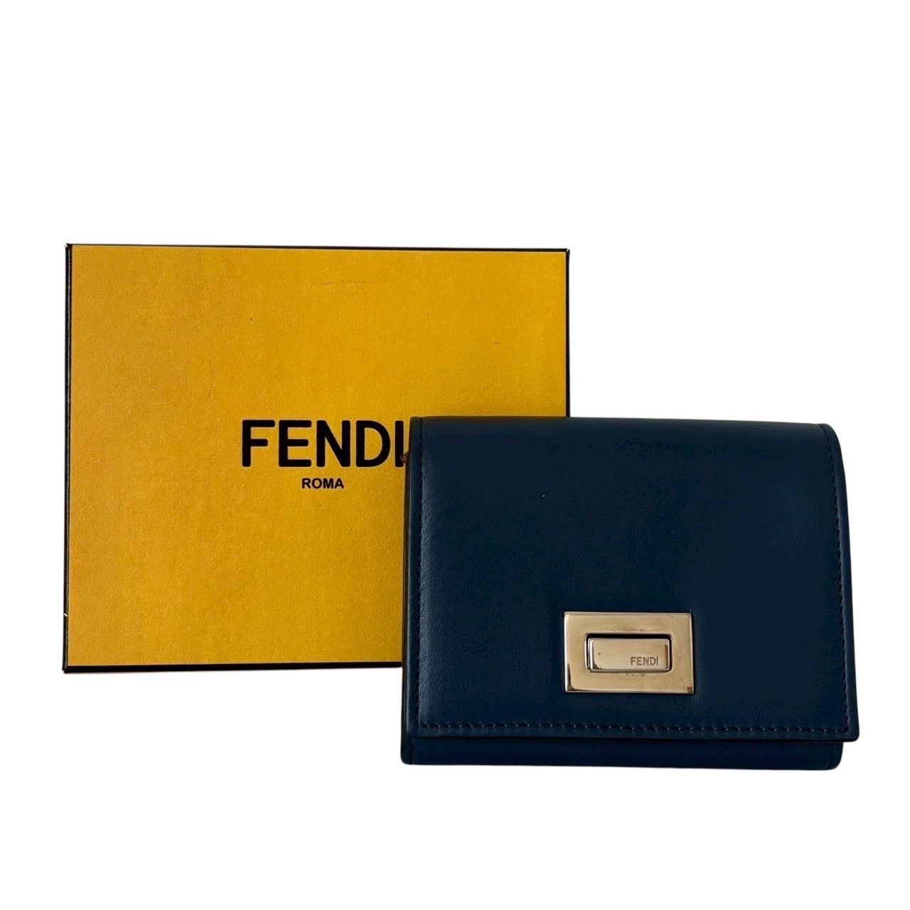 FENDI フェンディ コインケース 小銭入れ コンパクトウォレット ロゴ入り レザー ネイビー シルバー金具 ミニ財布 メンズ レディース ユニセックス 型番0M0373.SFH.178.0294