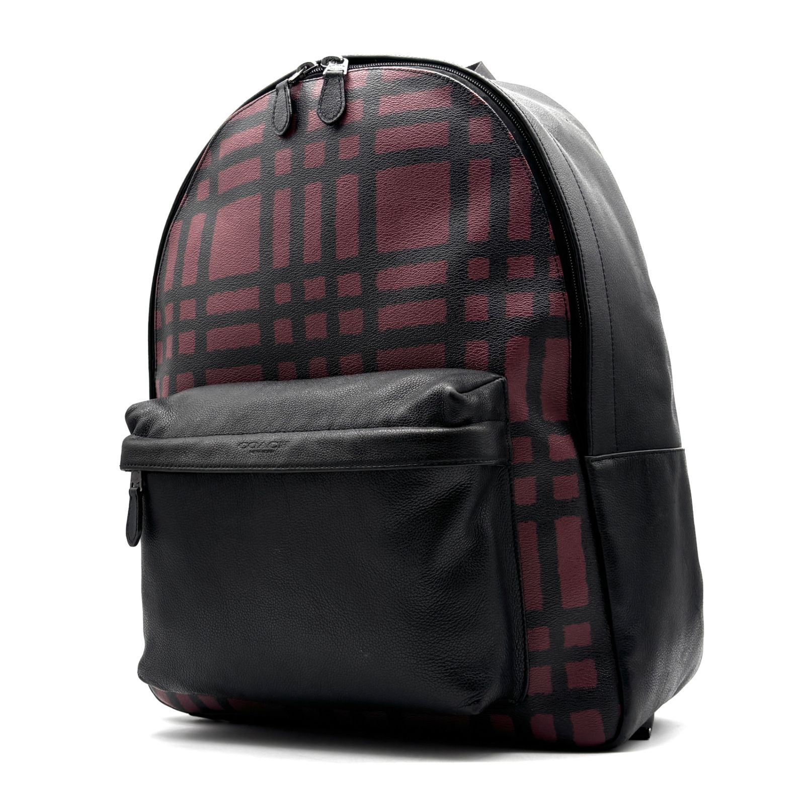 美品 コーチ COACH リュックサック バックパック デイパック チェック柄 プラッド PVC レザー ブラック 黒 ボルドー 大容量 夏休み 帰省 お盆 敬老の日 シルバーウィーク 秋 ギフト ご褒美