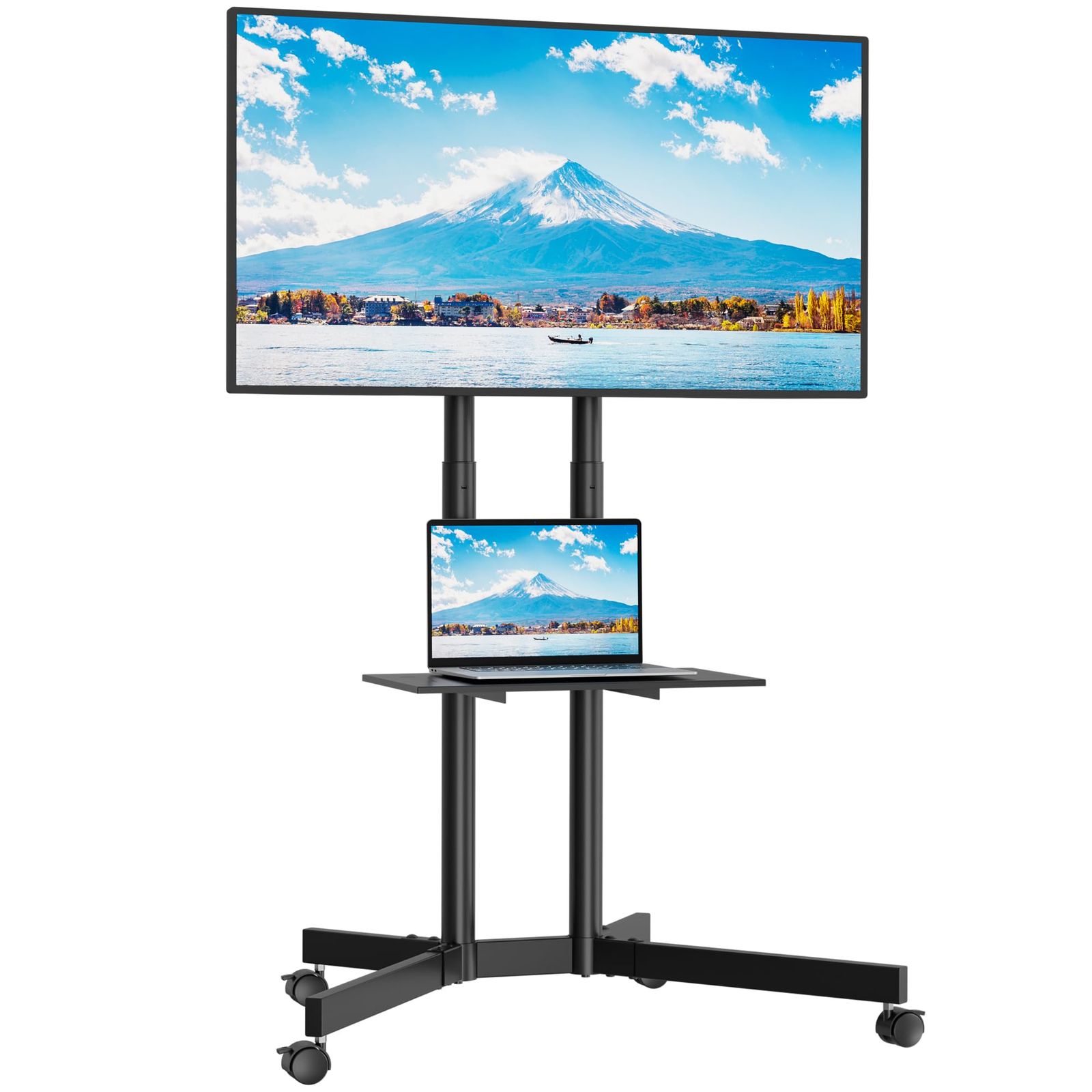 BONTEC 移動式 壁寄せテレビスタンド 32-75インチ液晶テレビに対応 スイベル ハイタイプ キャスター付き 高さ調整可能 VESA600*400mmまで 耐荷重55KG 棚板付き ブラック 0