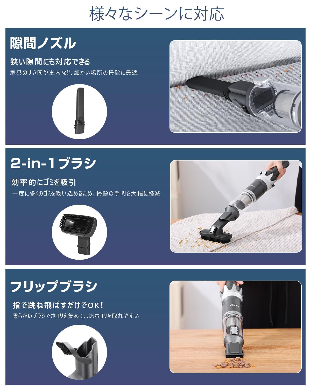 【吸引力強化20kPa】Ainova ハンディクリーナー コードレス 掃除機 ハンディ 車用掃除機 軽量 長時間稼働 静音 充電スタンド付き パワフル コンパクト 人気 カーチャージャー付属/ブラシノズル/ホースノズル付属 K16(グレー) 0