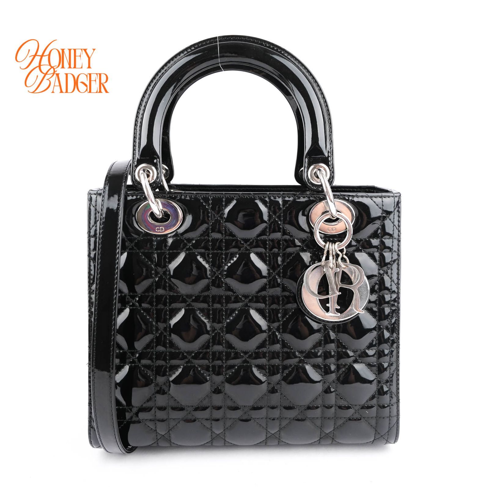 【極美品】クリスチャンディオール Christian Dior レディディオール ミディアム パテント カナージュ 2WAY ハンドバッグ ブラック