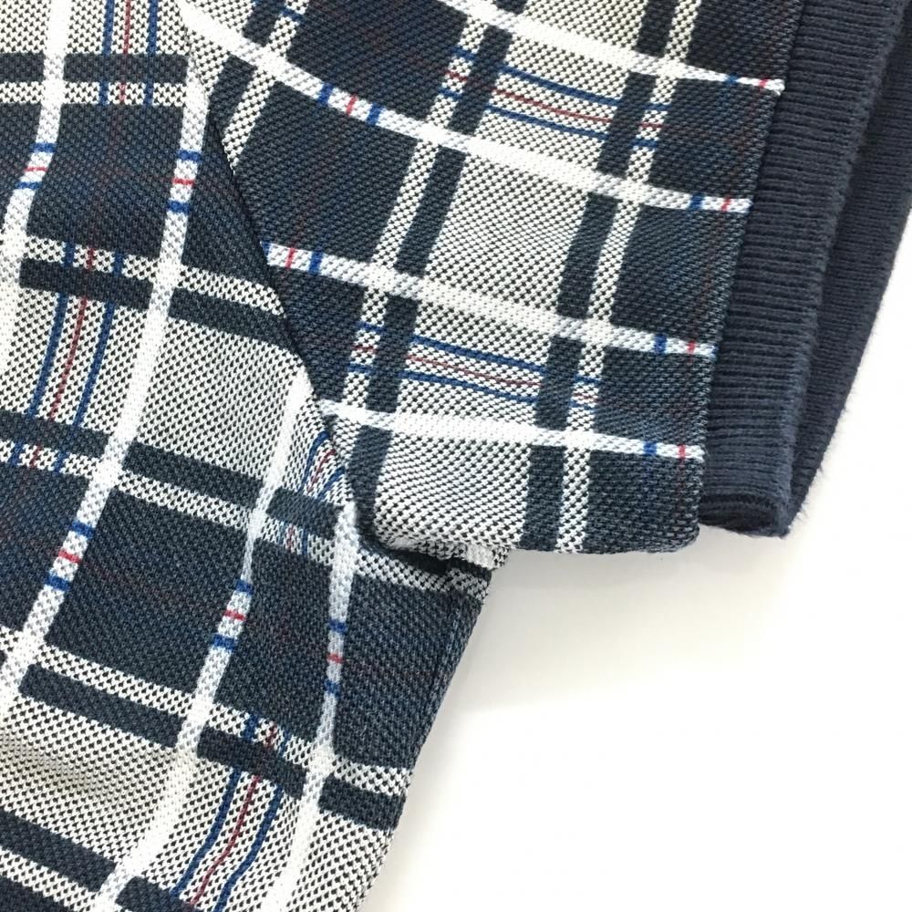 パーリーゲイツ 半袖ポロシャツ ネイビー×白 チェック ワッペン 襟