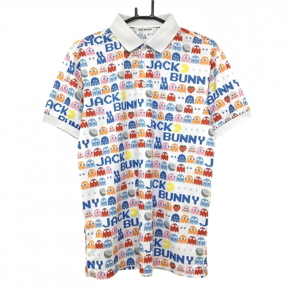 JACK BUNNY！！ バンダイ　pacmanコラボ オレンジ ポロシャツ 超美品】ジャックバニー×パックマン 半袖ポロシャツ 白×マルチカラー