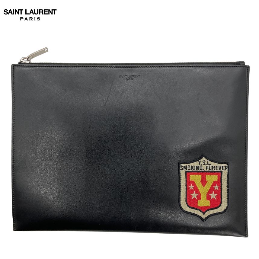 SAINT LAURENT PARIS ワッペンレザークラッチバッグ - ブラック 【値下げ交渉歓迎】