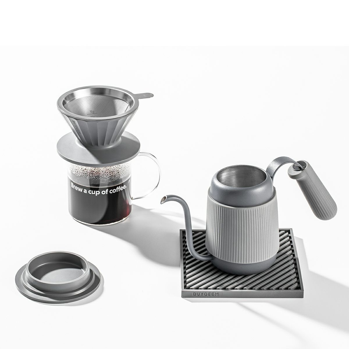 ドリッパーセット ドリッパーとケトルが一緒になったお得なセット BUYDEEM coffee series ドリッパーケトルセット グレー ミニケトル ステンレスフィルター ガラスカップ 家庭 オフィス アウトドア キャンプ 旅行 紅茶 緑茶送料無料 ギフト