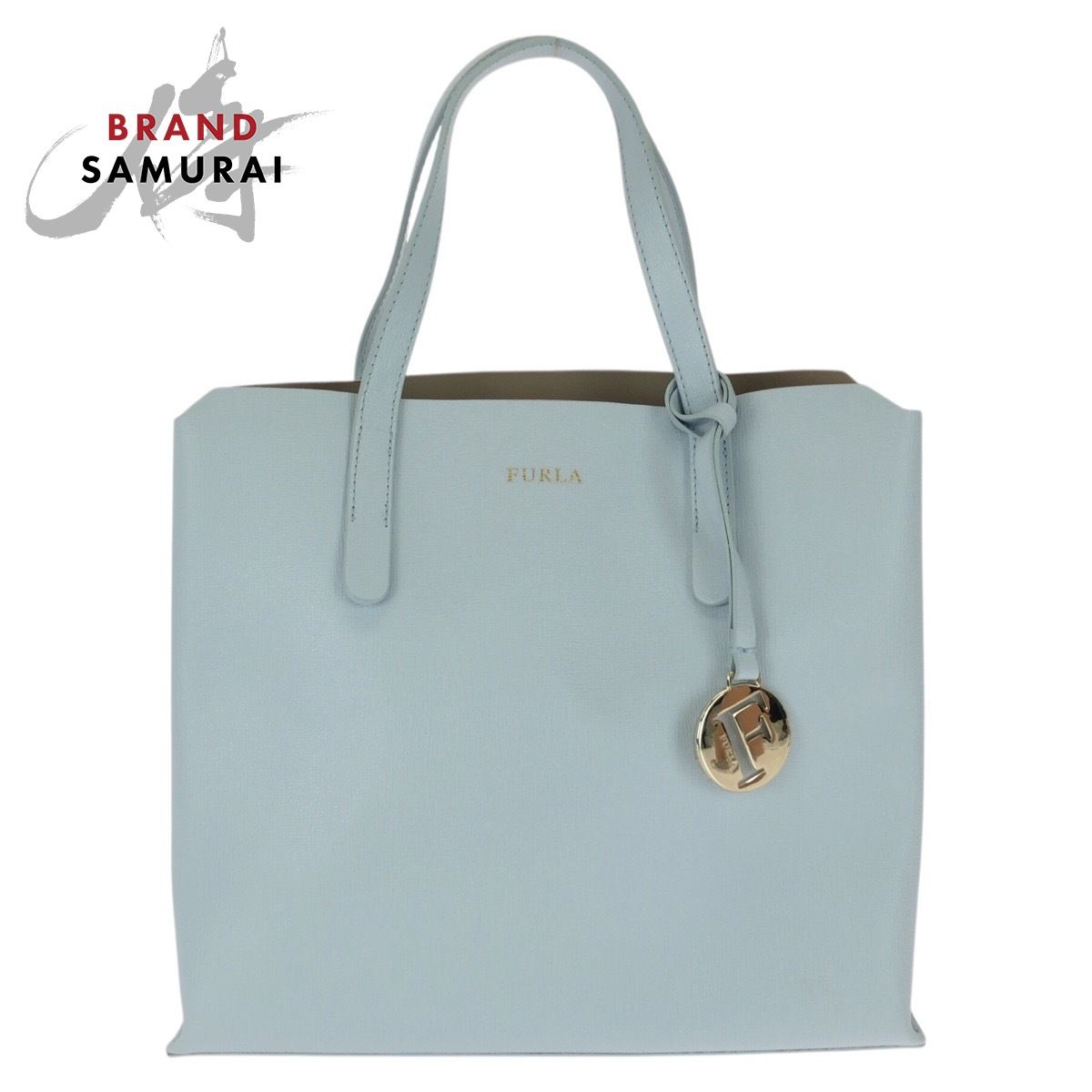 美品 Furla フルラ サリー ロゴ ライトブルー ゴールド金具 レザー 