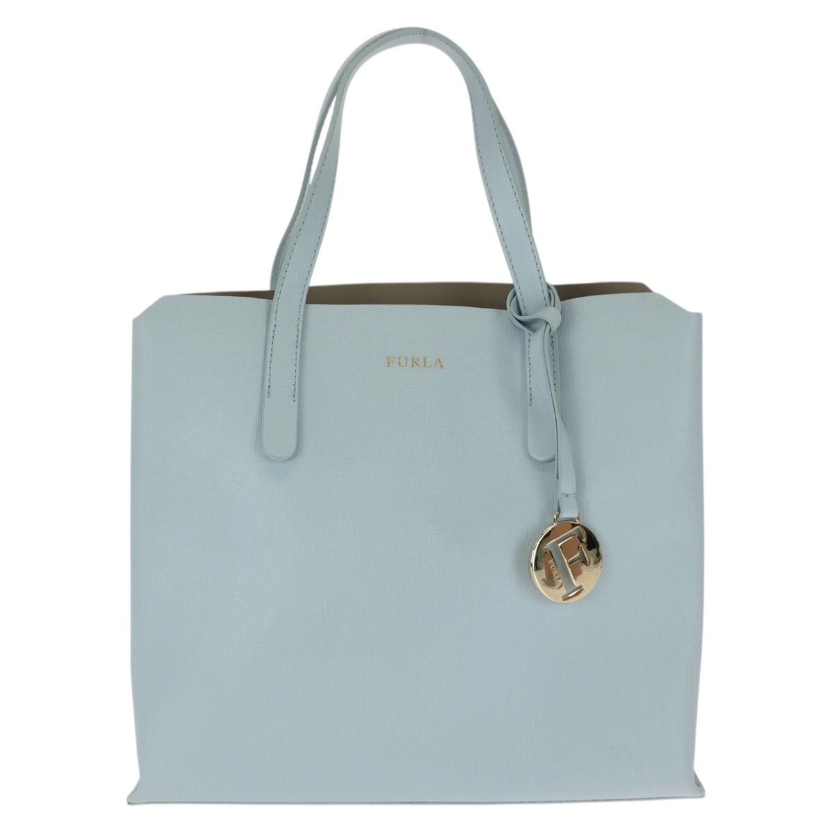 美品 Furla フルラ サリー ロゴ ライトブルー ゴールド金具 レザー 