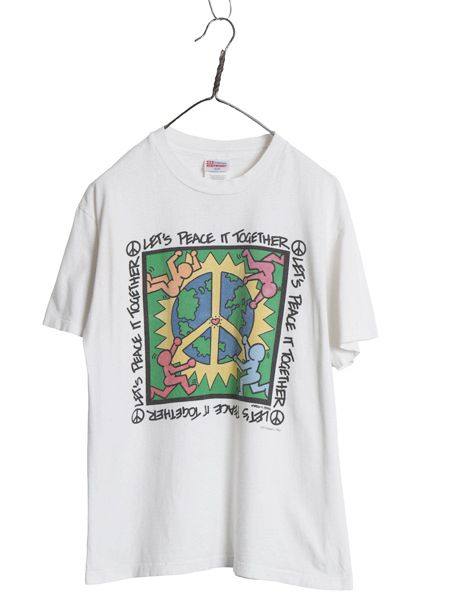 90s アート イラスト プリント Tシャツ M 小さめ メンズ S 程/ オールド メッセージ キース ヘリング パロディ シングルステッチ ホワイト
