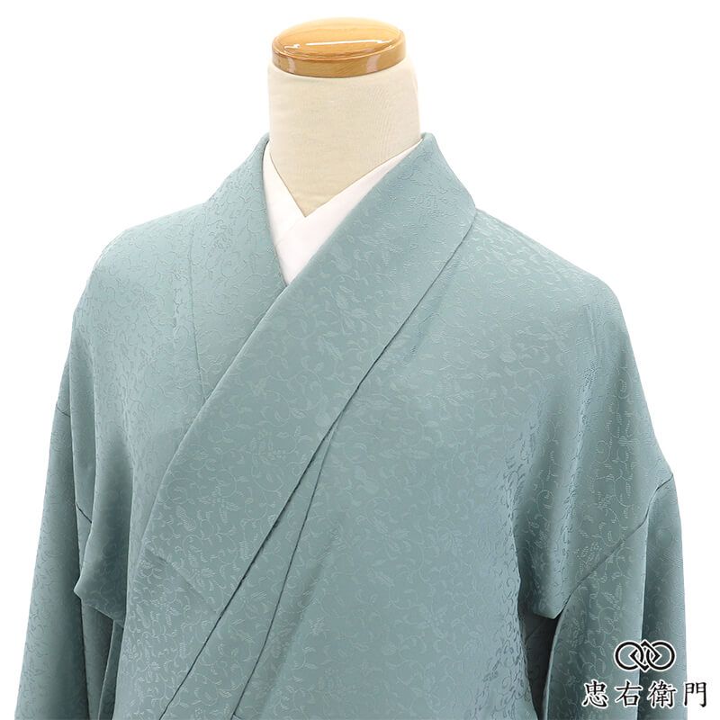レディース 美品 正絹 紬 一つ紋（蔦） 青磁色 スモーキーグリーン 無地