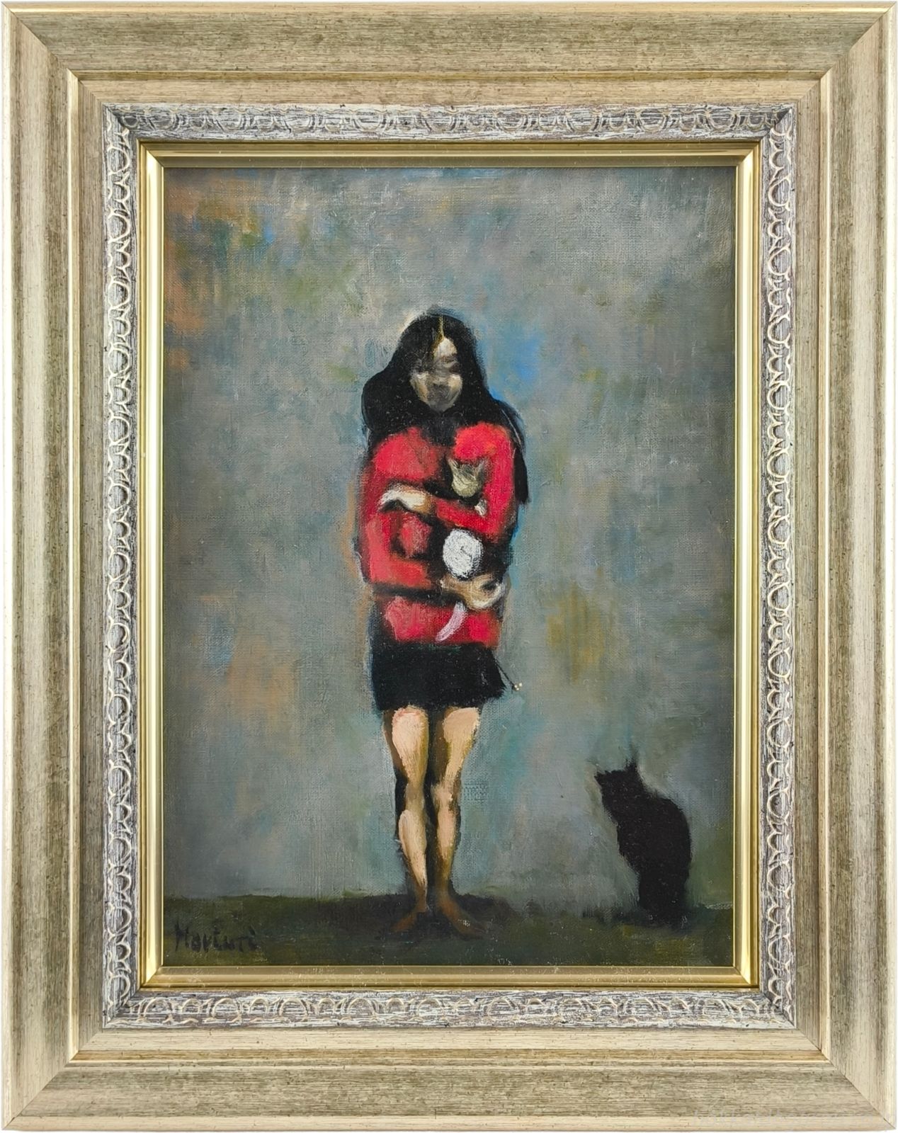 堀内規次 「少女と猫」 油絵・油彩画 絵画 - メルカリ