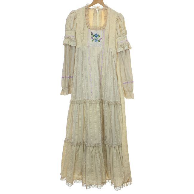 【中古】 ワンピース 80s vintage 80年代 OLD 長袖 ロング丈 刺しゅう フレア アンティーク 古着 /7330