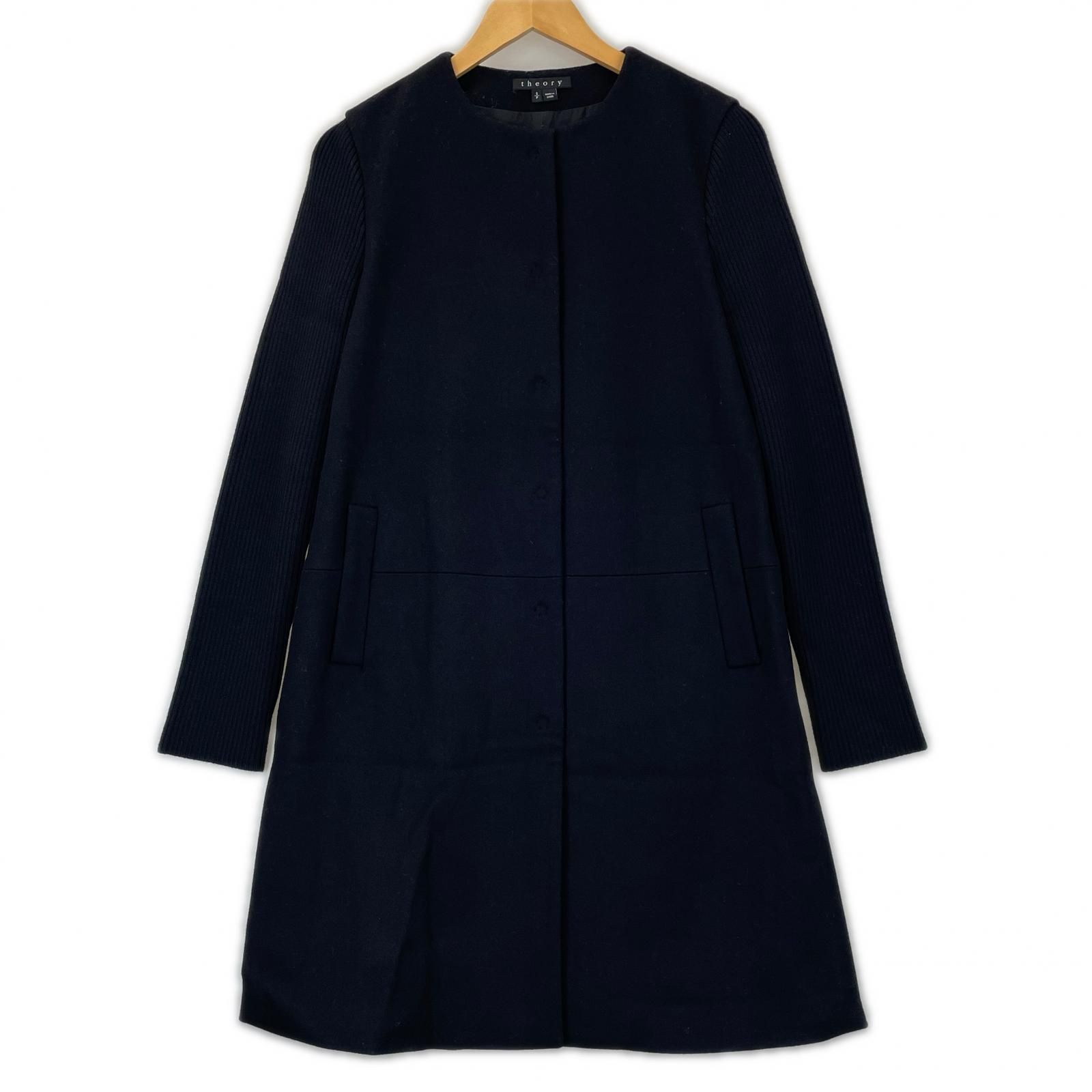 未使用級✨22AW セオリー ノーカラーロングコート ウール カーキグリーン 美品 theory セオリー ノーカラー 無地 秋冬 AW コート ウール