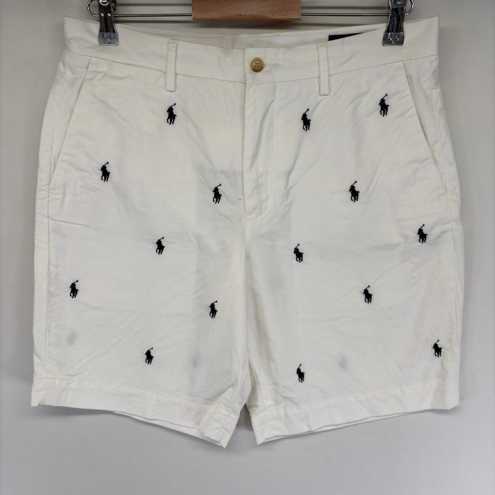 古着 ポロ・ラルフローレン POLO RALPH LAUREN パンツ ハーフパンツ 総柄ポニー ショーツ 短パン ジップ w31 ホワイト系 総柄 メンズ