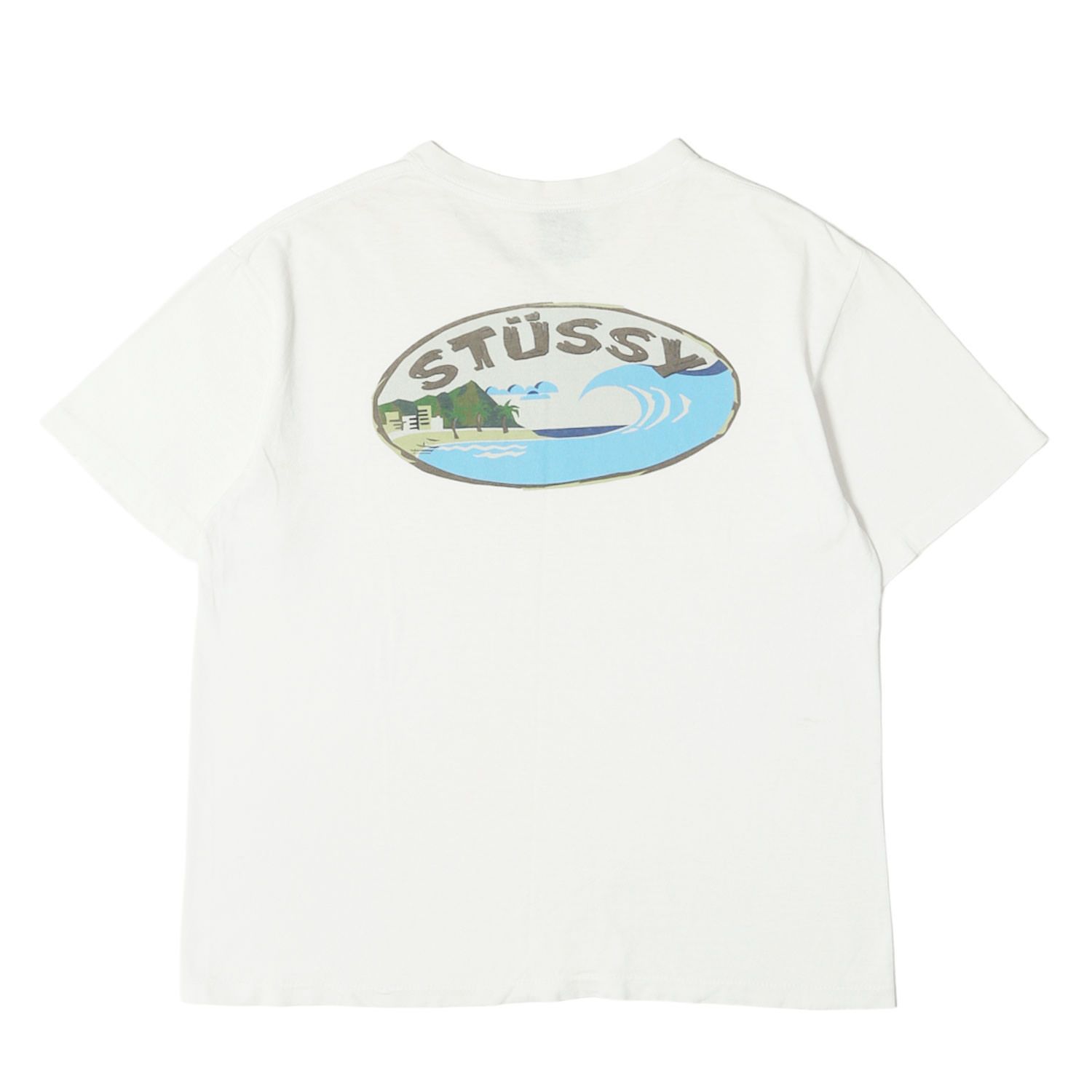 STUSSY ステューシー Tシャツ ホワイト 白 サイズ:M 90s OLD STUSSY 紺タグ ビーチグラフィック Tシャツ USA製 90年代 オールドステューシー トップス カットソー 半袖 【メンズ】【中古】