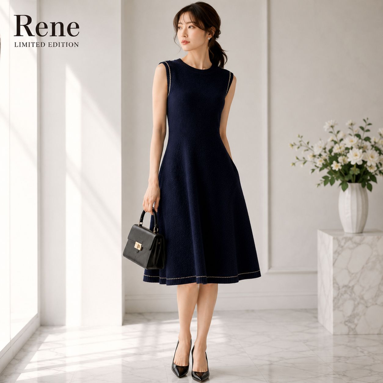 Rene ルネ ワンピース 美品 ネイビー 大きめ 38 L フォーマル 未使用に近い美しさ / 知的な濃紺に煌めく繊細ゴールド 】Rene / ルネ