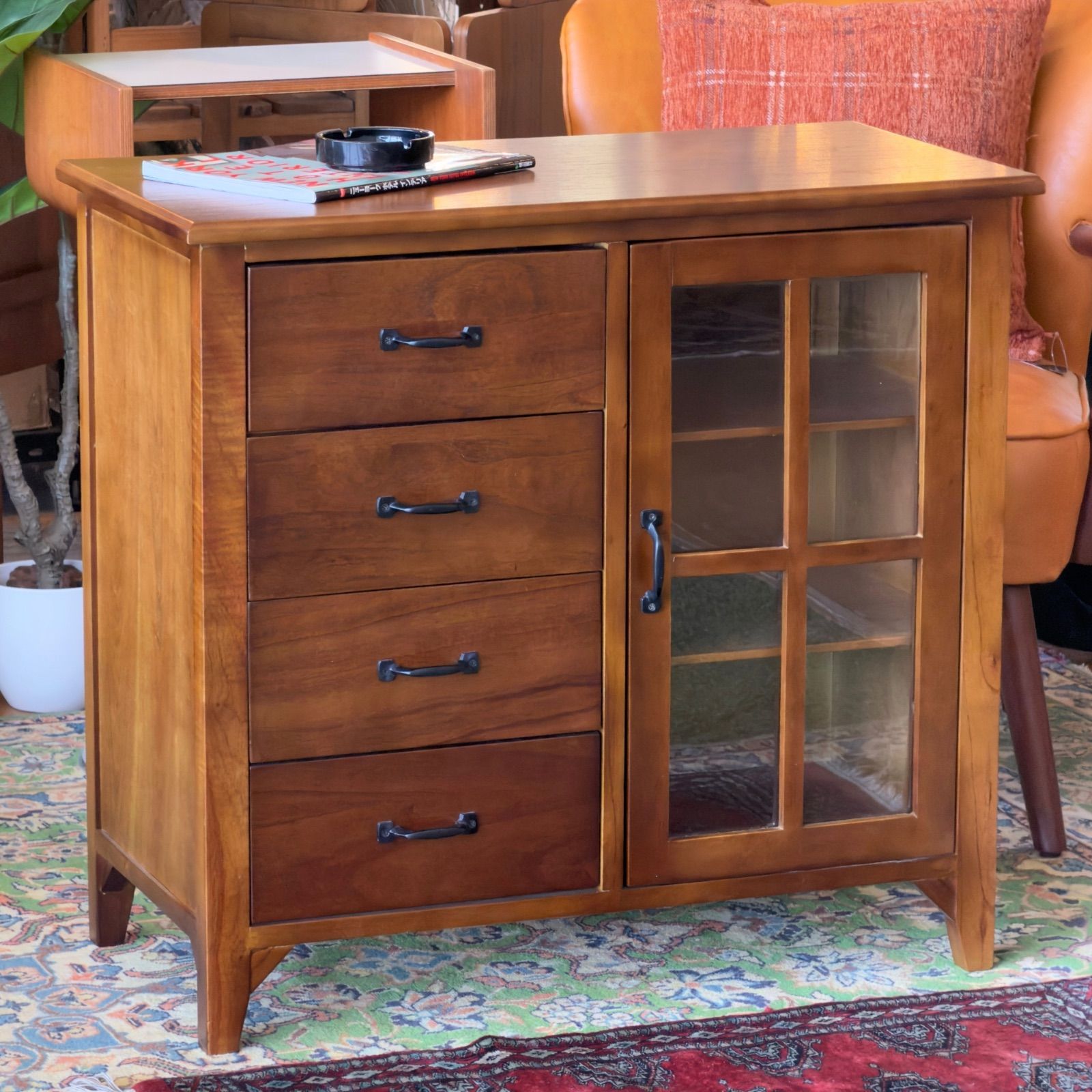 新品】Vintage Style Cabinet / キャビネット 4引出し ガラス扉 天然木